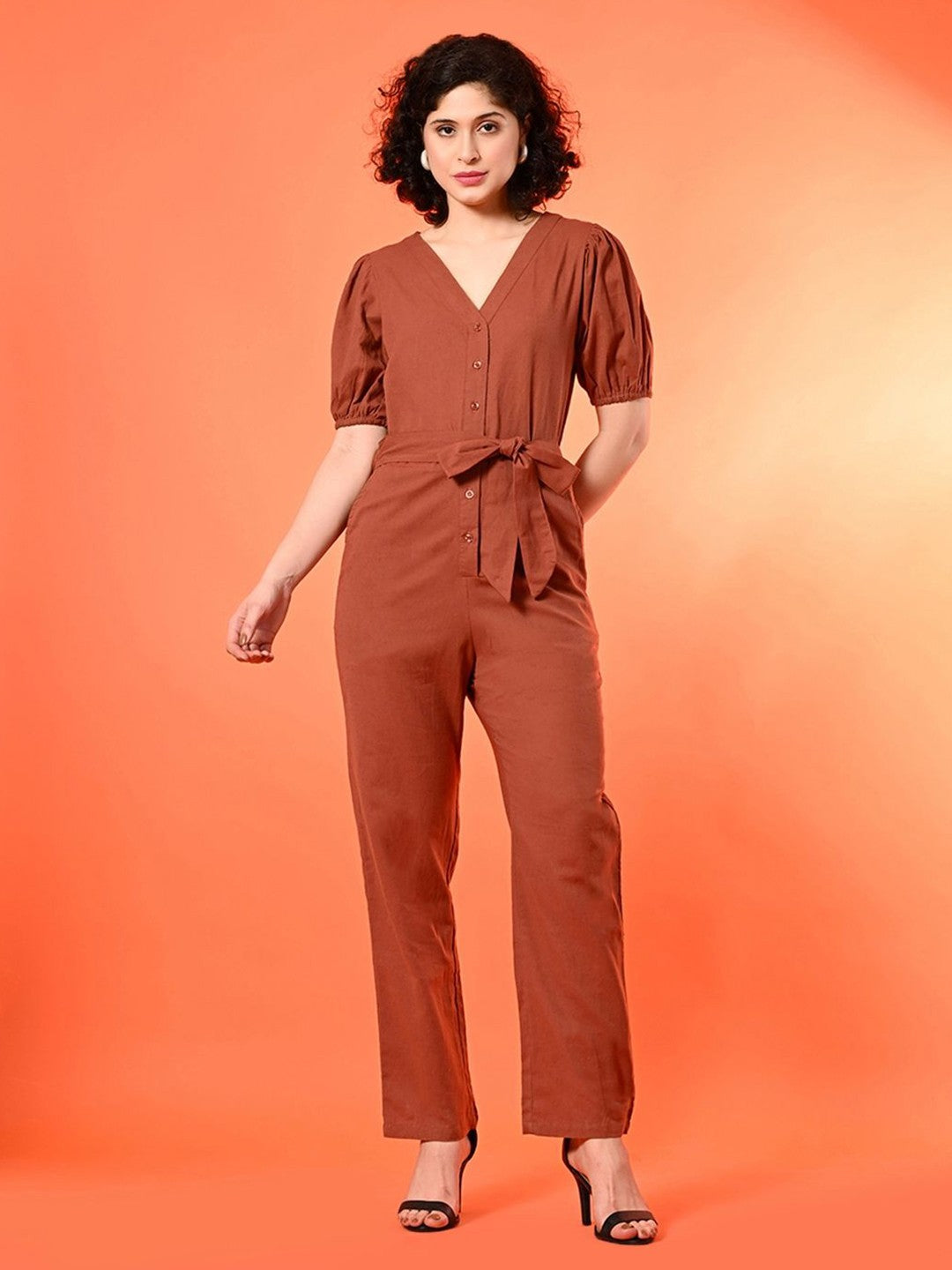 Puff Sleeves Cotton Basic Jumpsuit