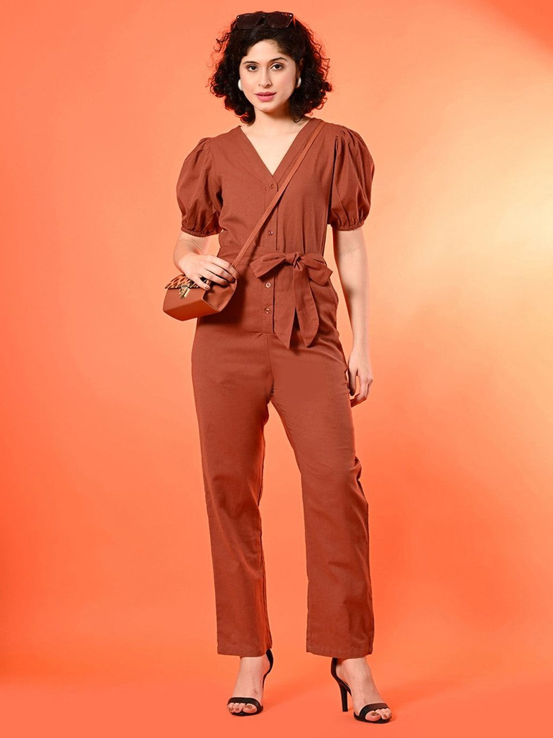 Puff Sleeves Cotton Basic Jumpsuit