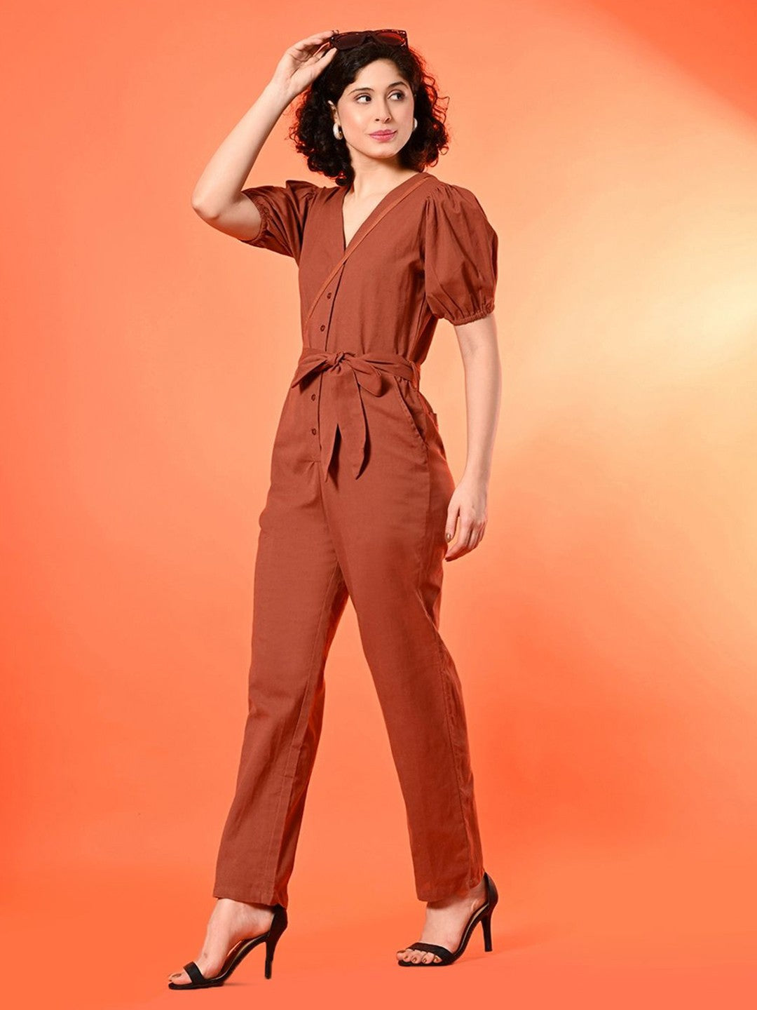 Puff Sleeves Cotton Basic Jumpsuit