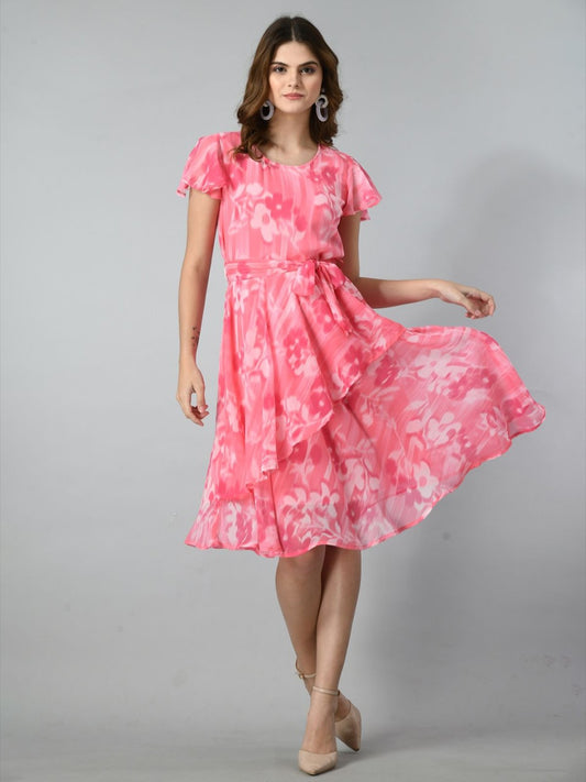 Women Fit & Flare Round Neck Flutter Sleeves Dress