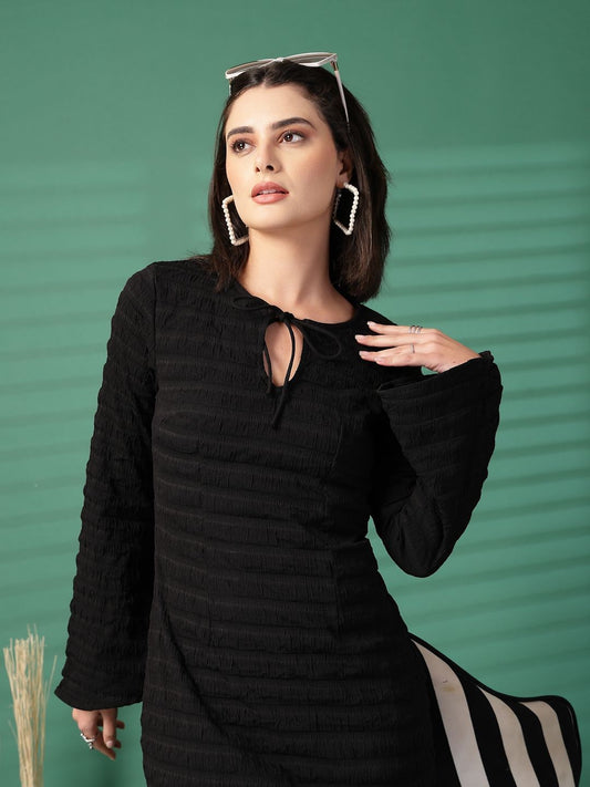 Women Self Design Tie-Up Neck Flared Sleeve Sheath Midi Dress