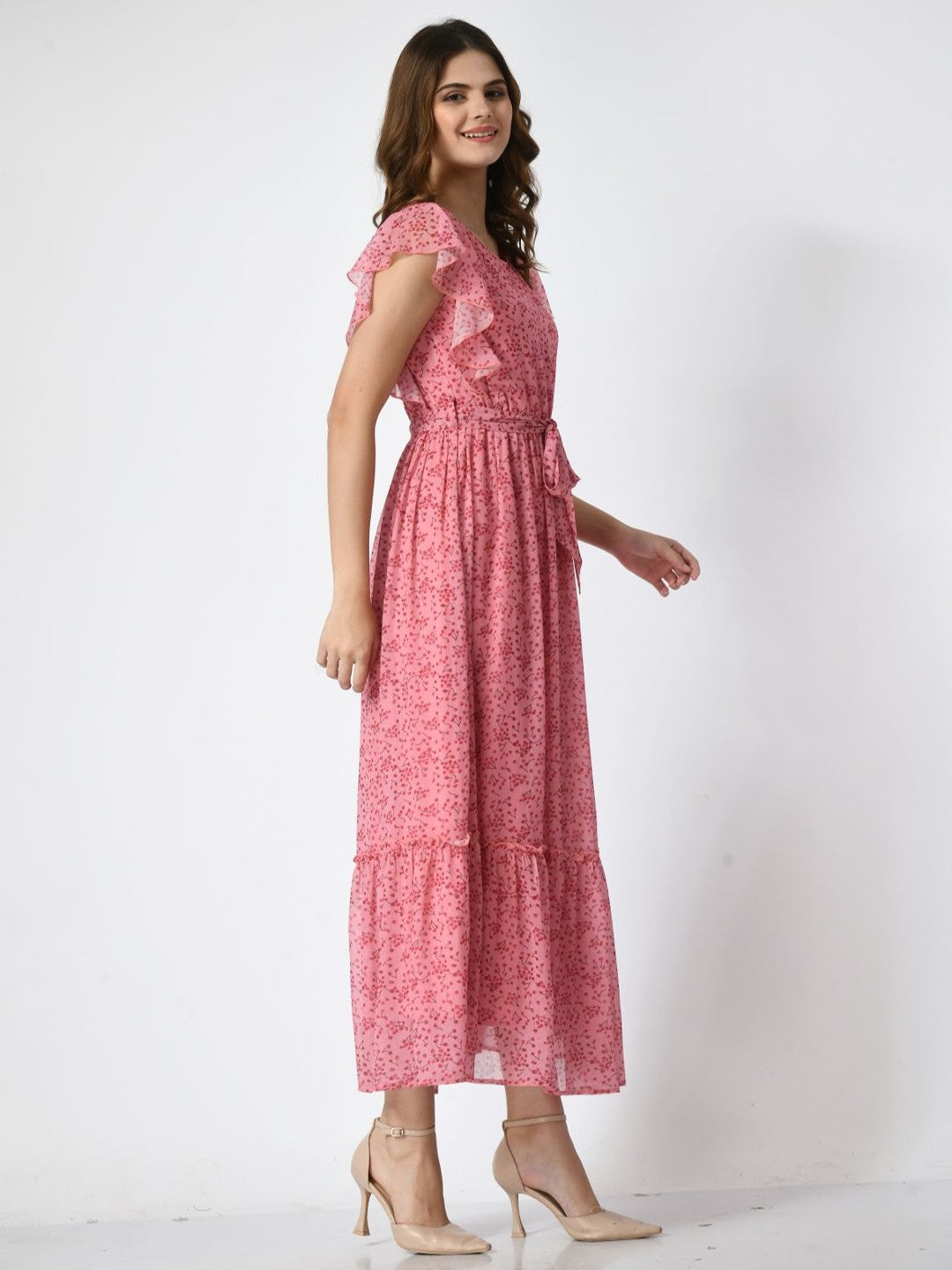 Women Flutter Sleeve Fit & Flare Midi Dress