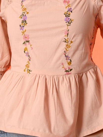 Floral Embroidered Puff Sleeve Cotton Peplum Top