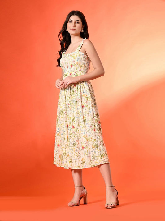 Women Cotton Floral Printed Fit & Flare Midi Dress