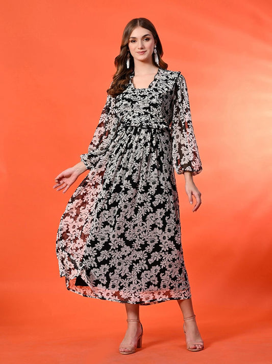 Floral Print Puff Sleeve Maxi Dress