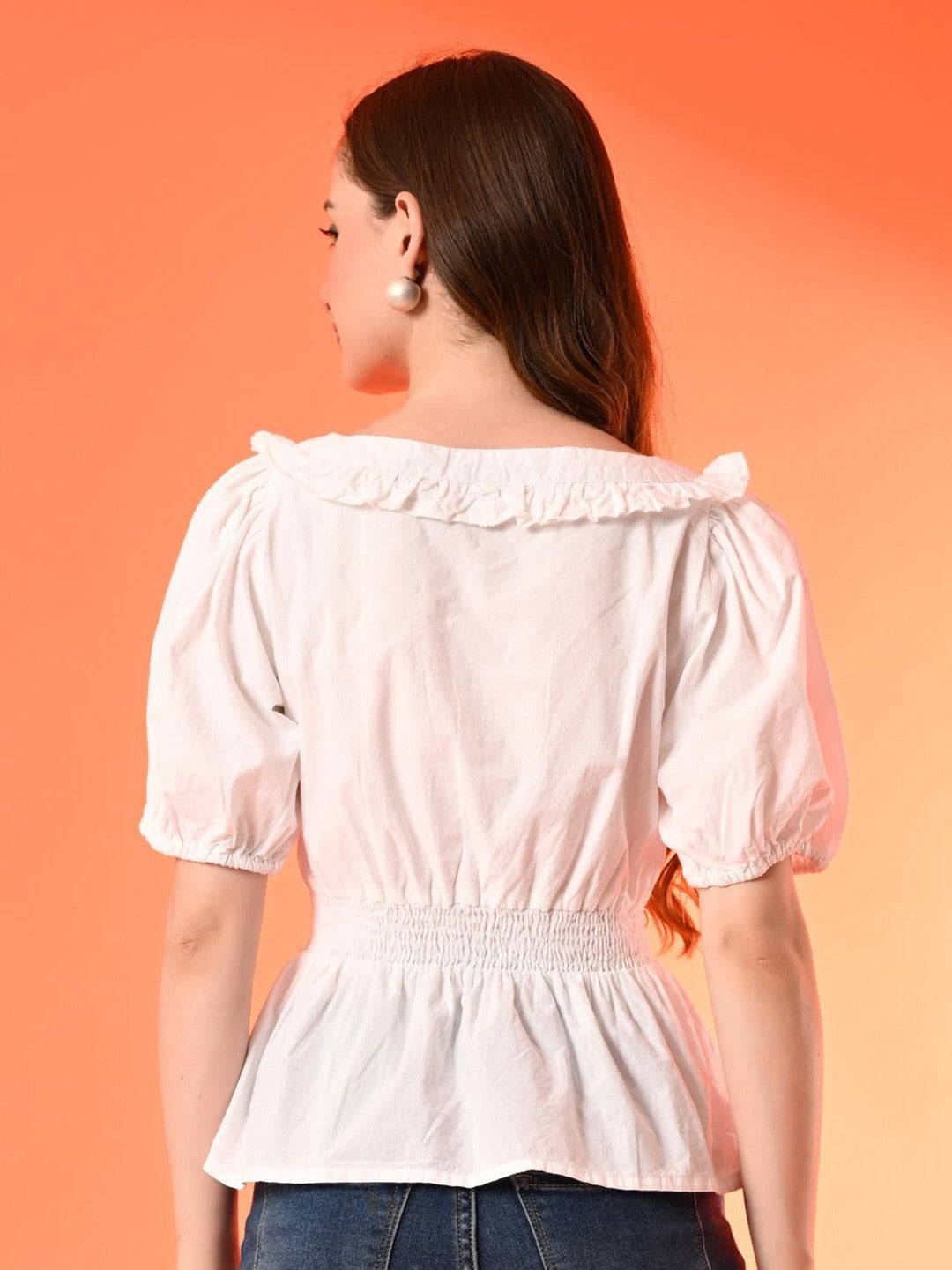 Women Cotton Square Neck Puff Sleeves Peplum Top