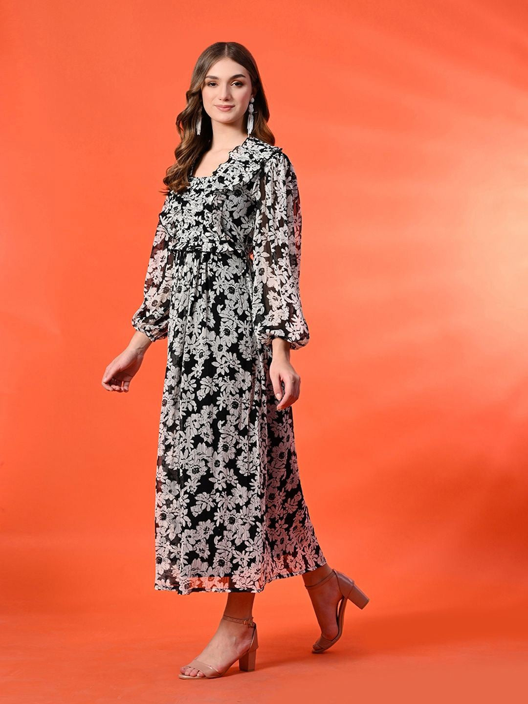 Floral Print Puff Sleeve Maxi Dress