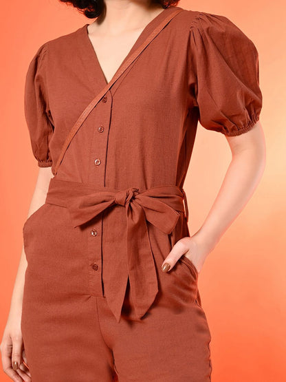 Puff Sleeves Cotton Basic Jumpsuit