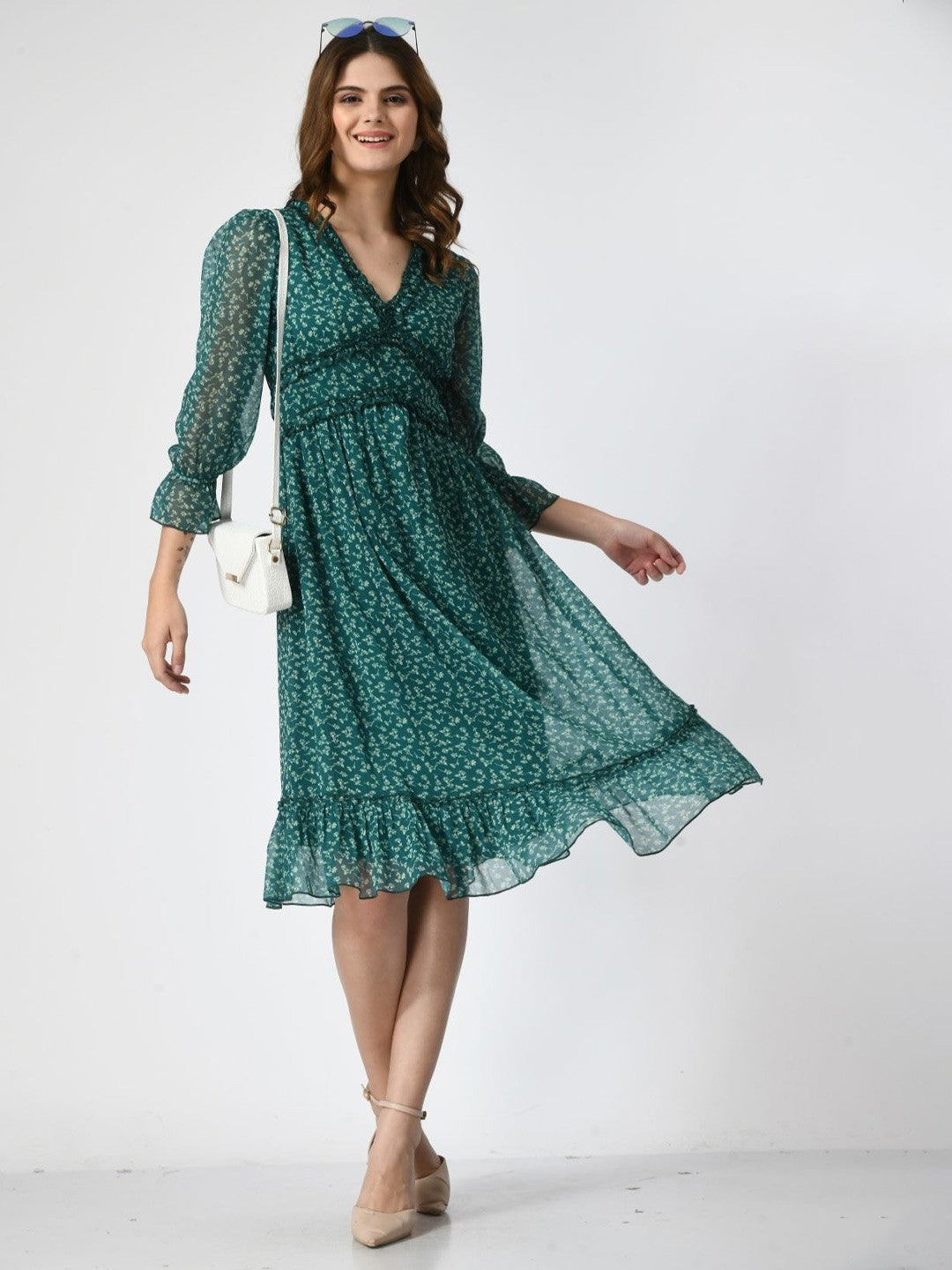 Printed Bell Sleeve Fit & Flare Dress
