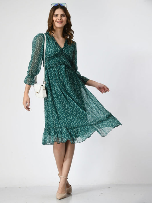 Printed Bell Sleeve Fit & Flare Dress