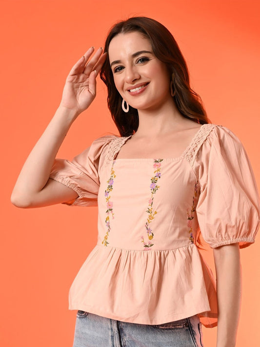 Floral Embroidered Puff Sleeve Cotton Peplum Top