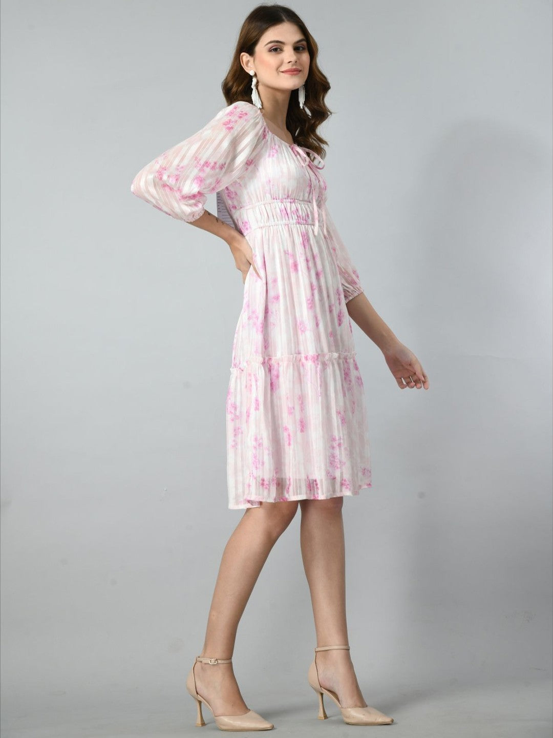 Women Floral Printed Tie-Up Neck A-Line Dress