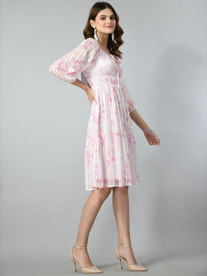 Women Floral Printed Tie-Up Neck A-Line Dress