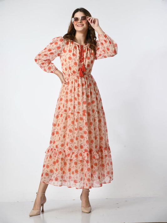 Women Floral Printed Tie-Up Neck Maxi Dress