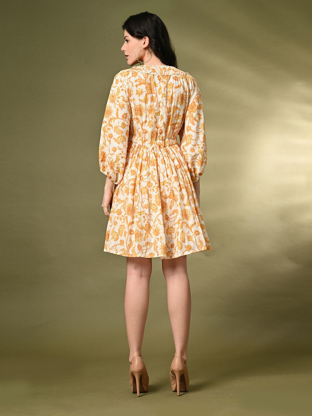 Floral Printed V-Neck Puff Sleeve Fit & Flare Mini Dress