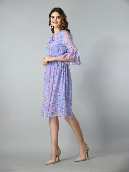 Women Floral Printed Bell Sleeve Fit & Flare Dress