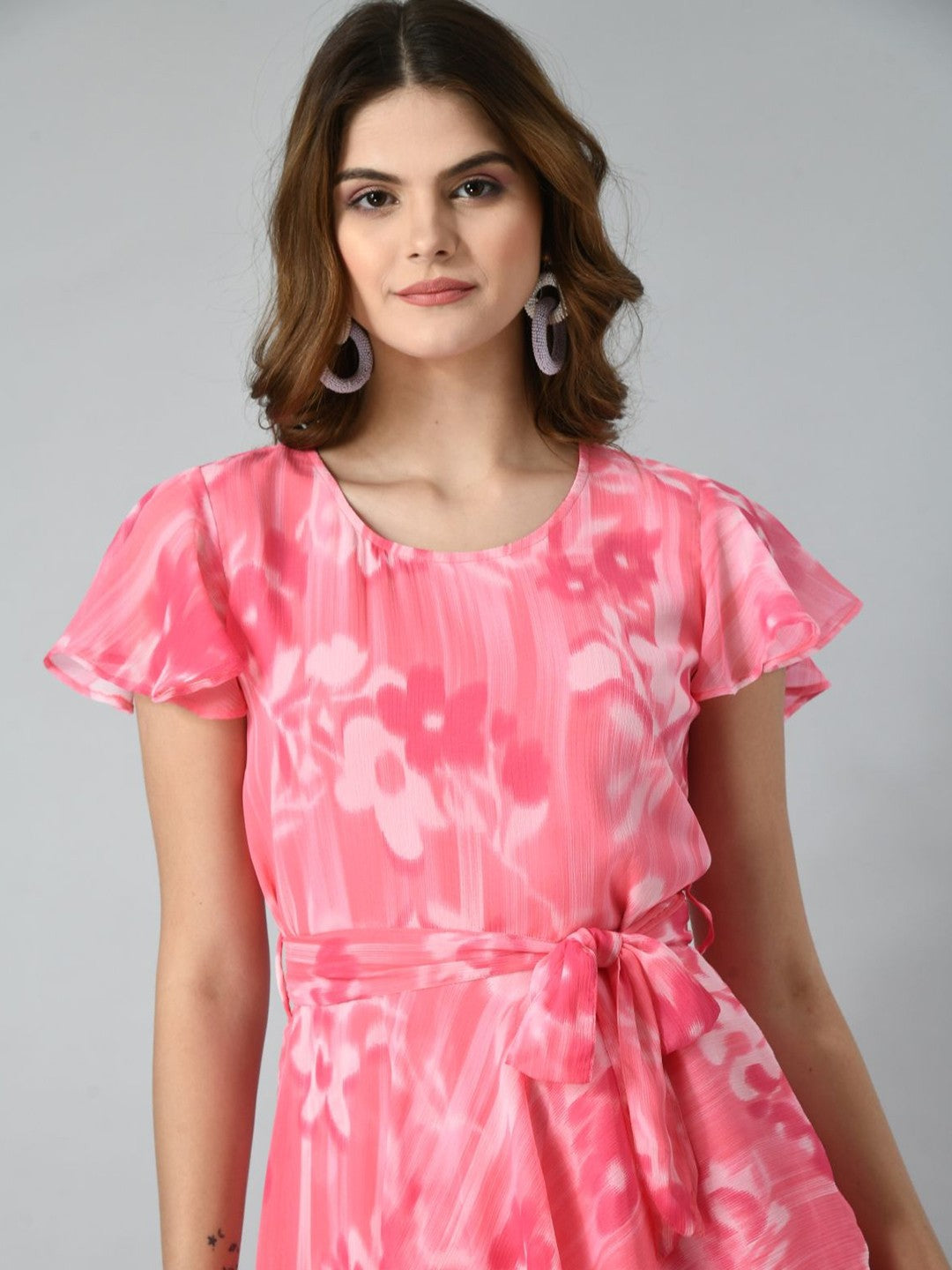Women Fit & Flare Round Neck Flutter Sleeves Dress