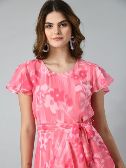 Women Fit & Flare Round Neck Flutter Sleeves Dress