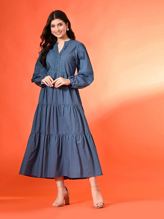 Cotton Lace-Up V-Neck Bishop Sleeves Fit and Flare Tiered Midi Dress