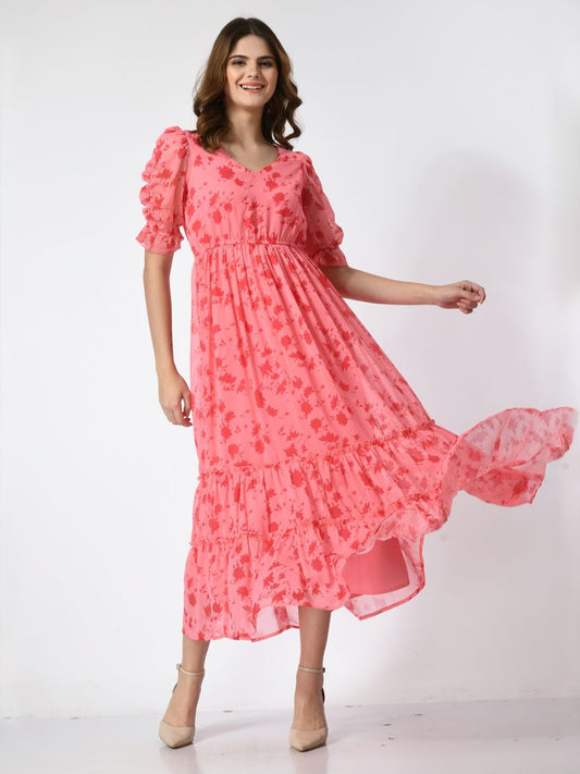 Women Floral Printed Puff Sleeve Empire Midi Dress