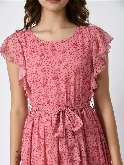 Women Flutter Sleeve Fit & Flare Midi Dress