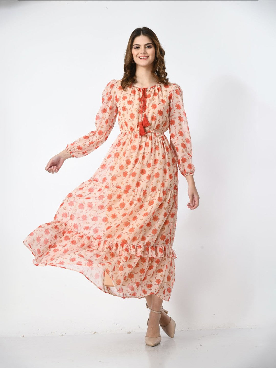 Women Floral Printed Tie-Up Neck Maxi Dress