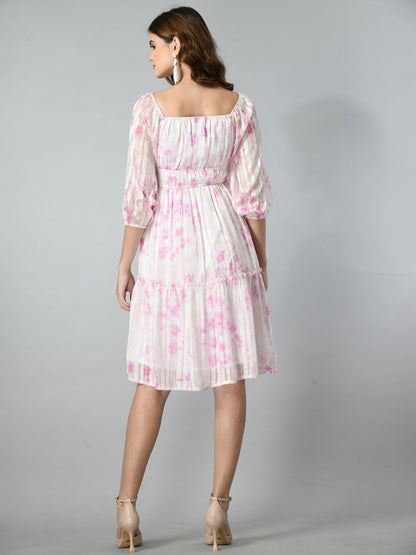 Women Floral Printed Tie-Up Neck A-Line Dress