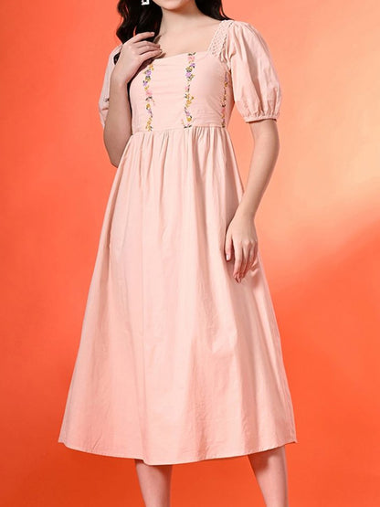 Women Cotton Embroidered Halter Neck Fit & Flare Midi Dress