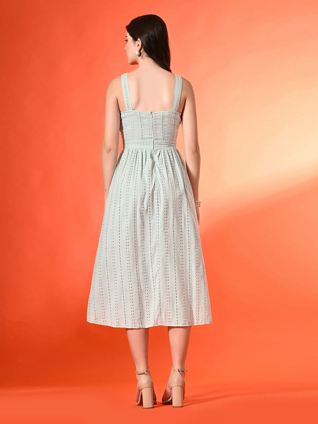 Women Cotton Shoulder Straps Striped Fit & Flare Midi Dress