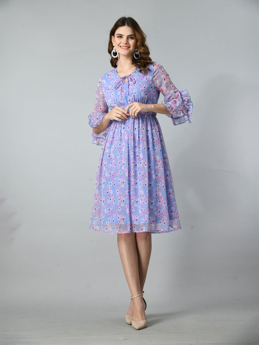 Women Floral Printed Bell Sleeve Fit & Flare Dress