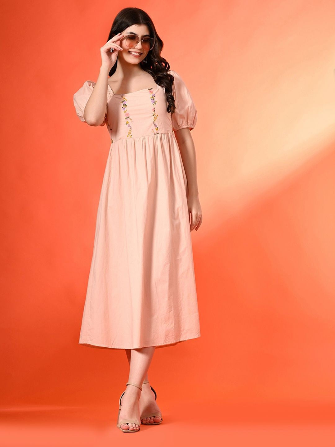 Women Cotton Embroidered Halter Neck Fit & Flare Midi Dress