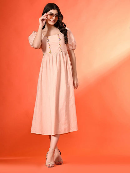 Women Cotton Embroidered Halter Neck Fit & Flare Midi Dress