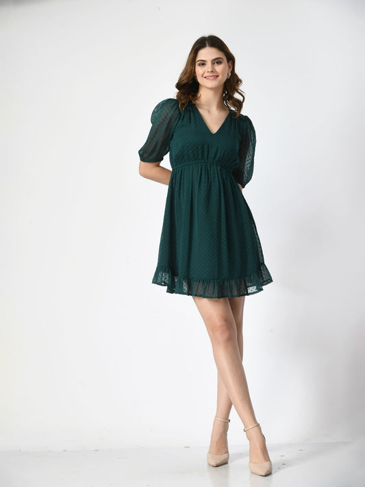 Women V-Neck Puff Sleeve Fit & Flare Dress
