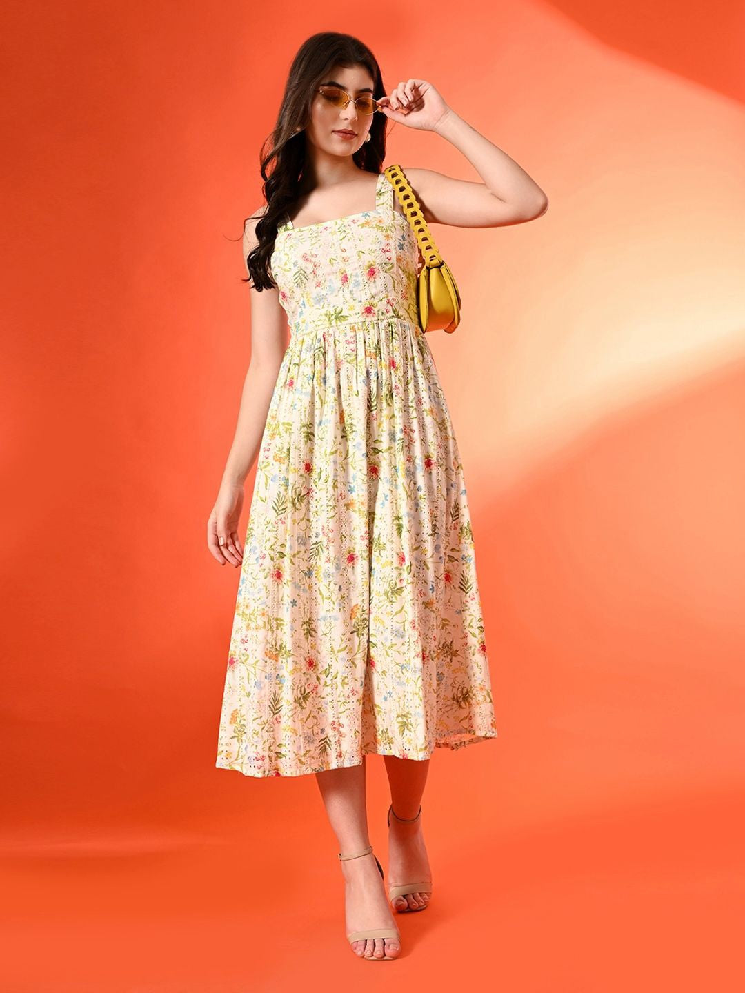 Women Cotton Floral Printed Fit & Flare Midi Dress