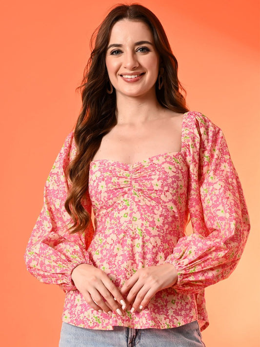 Women Floral Printed Cotton Sweetheart Neck Puff Long Sleeve Empire Top
