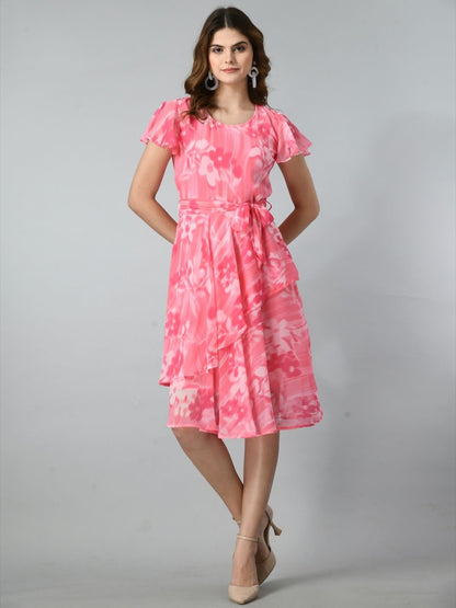 Women Fit & Flare Round Neck Flutter Sleeves Dress