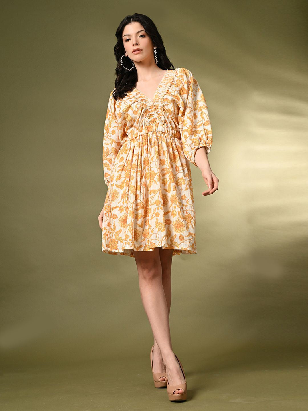 Floral Printed V-Neck Puff Sleeve Fit & Flare Mini Dress