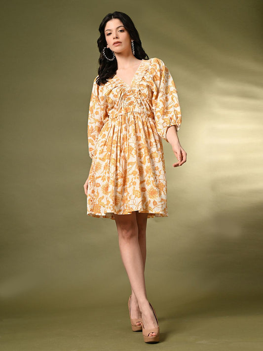 Floral Printed V-Neck Puff Sleeve Fit & Flare Mini Dress
