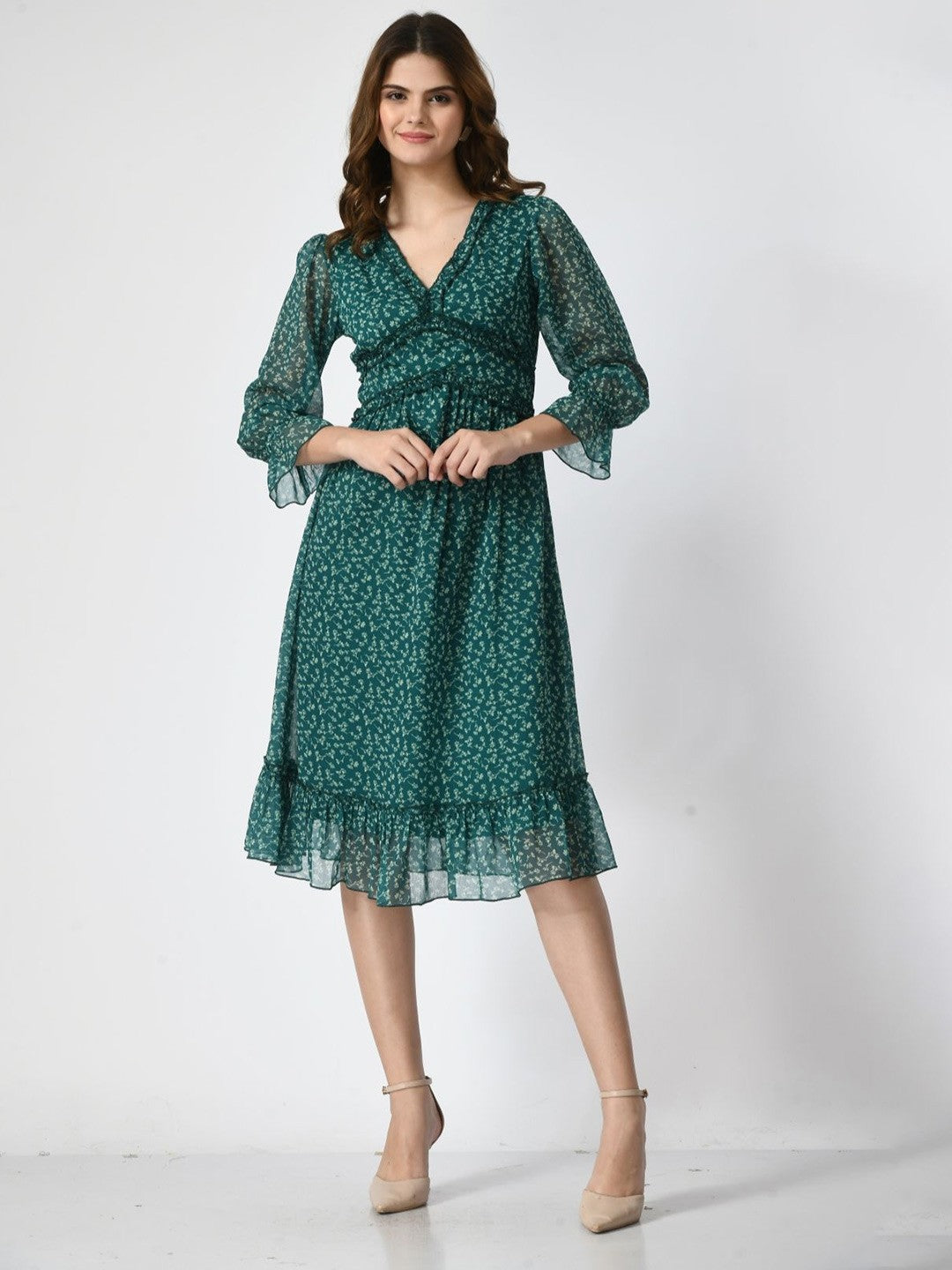 Printed Bell Sleeve Fit & Flare Dress