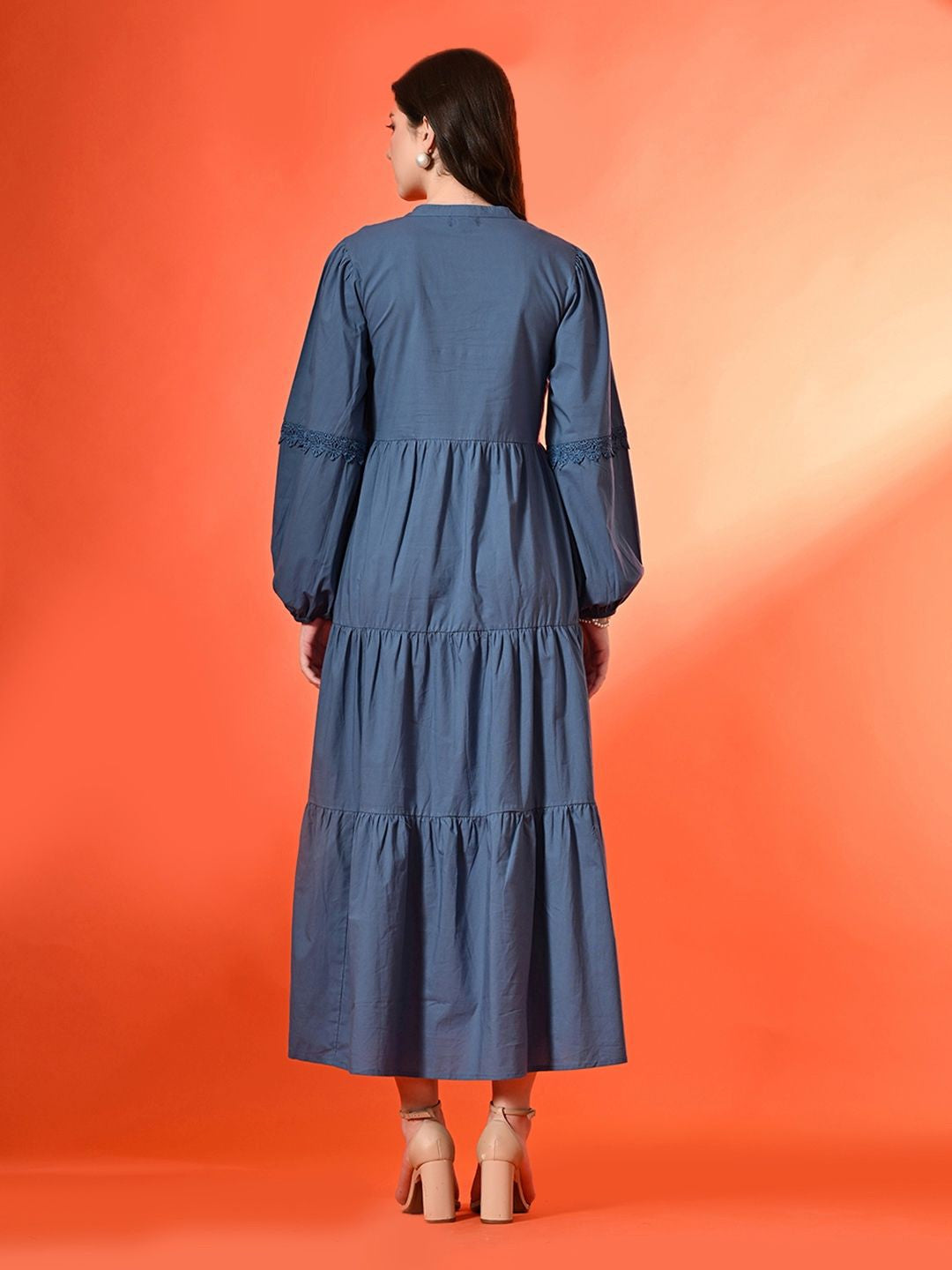 Cotton Lace-Up V-Neck Bishop Sleeves Fit and Flare Tiered Midi Dress