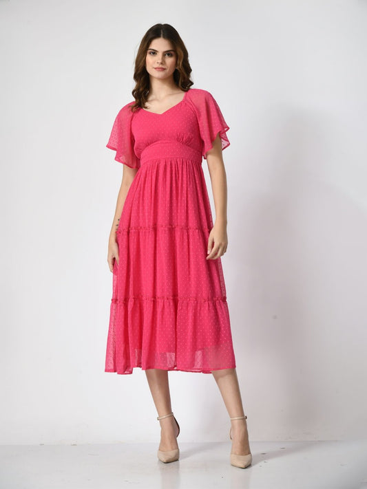 Women Flutter Sleeve Empire Midi Dress