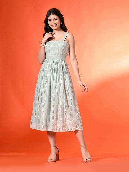 Women Cotton Shoulder Straps Striped Fit & Flare Midi Dress