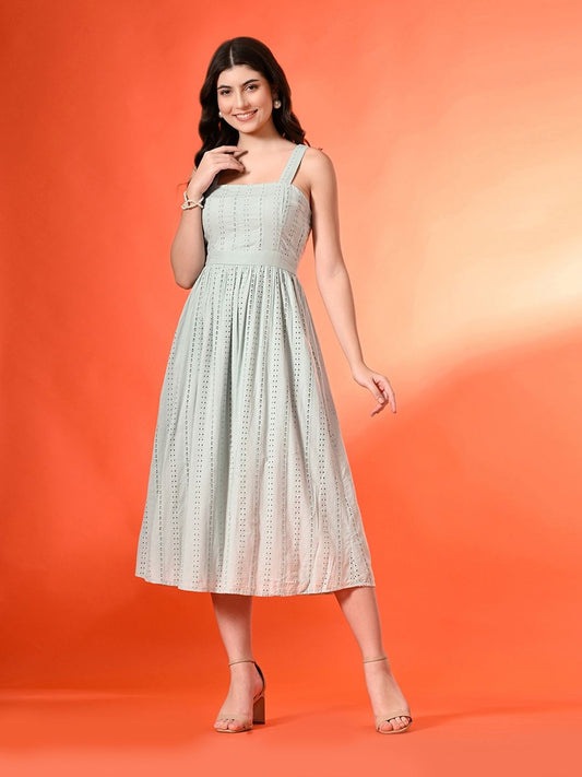 Women Cotton Shoulder Straps Striped Fit & Flare Midi Dress
