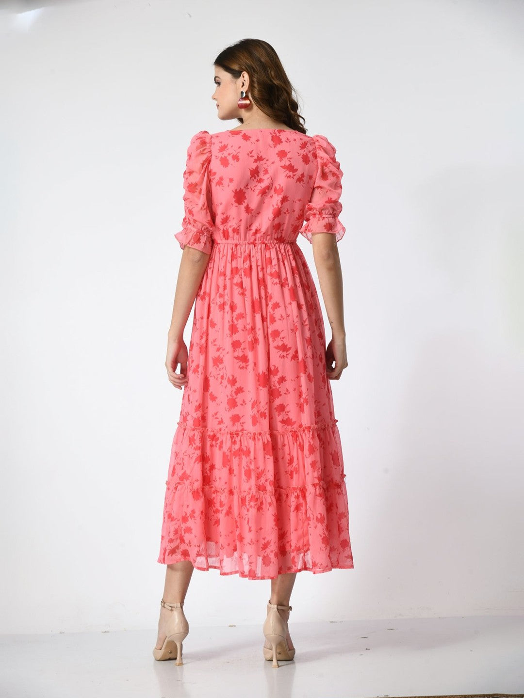 Women Floral Printed Puff Sleeve Empire Midi Dress