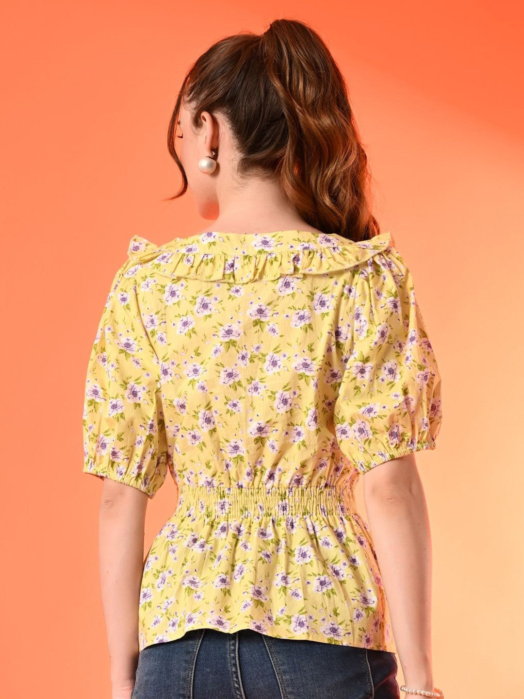 Womens Cotton Ditsy Floral Ruffle Neckline Popline Top