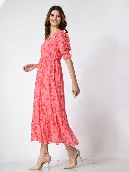 Women Floral Printed Puff Sleeve Empire Midi Dress