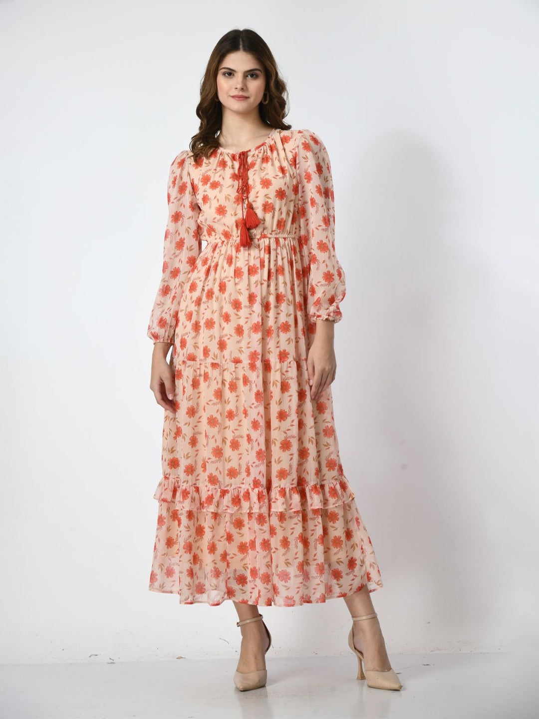 Women Floral Printed Tie-Up Neck Maxi Dress