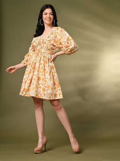 Floral Printed V-Neck Puff Sleeve Fit & Flare Mini Dress