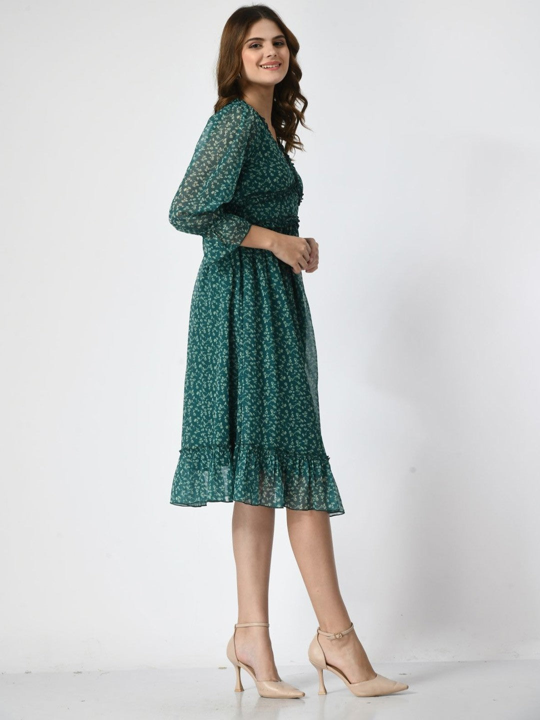 Printed Bell Sleeve Fit & Flare Dress