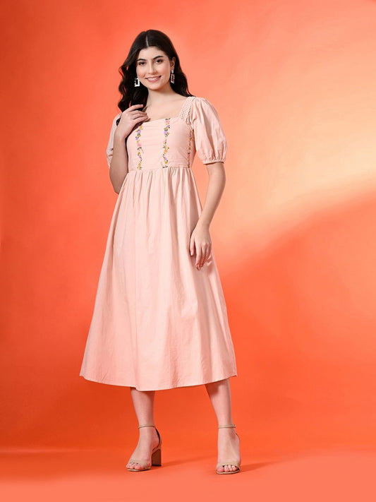 Women Cotton Embroidered Halter Neck Fit & Flare Midi Dress